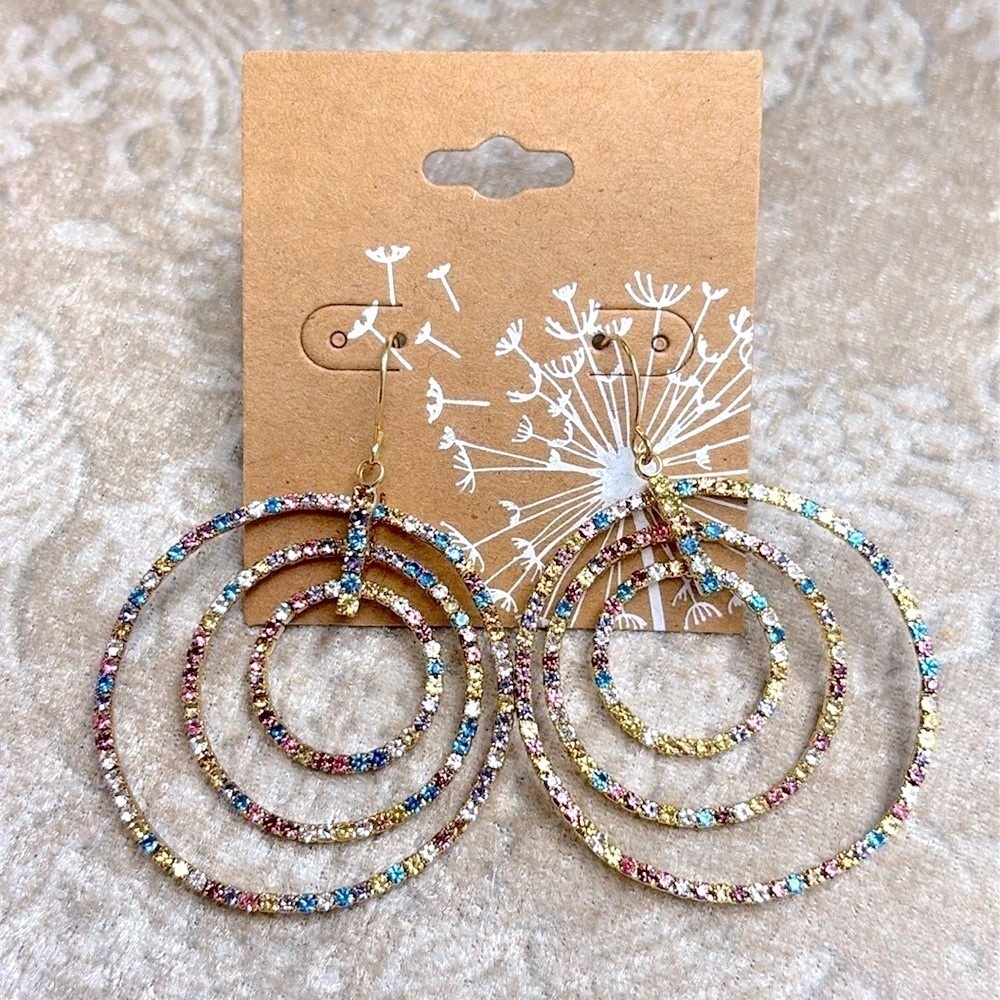 Brand New Pastel Rainbow Multicolored Triple Circle Rhinestone Drop Earrings